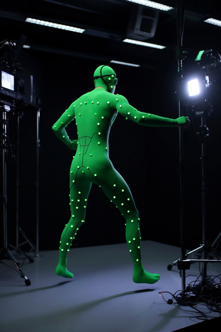 Foto gratuito actor grabando una película con un disfraz de captura de movimiento