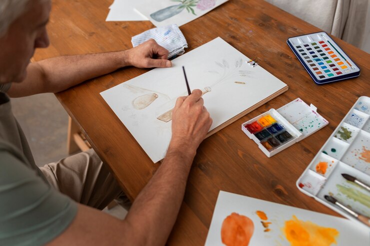 Foto gratuito acuarelista senior en el estudio pintando con acuarela