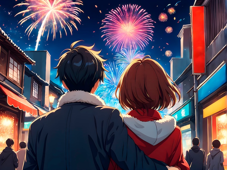 Photo Gratis adegan bergaya anime dengan orang-orang yang menunjukkan kasih sayang di luar ruangan di jalan