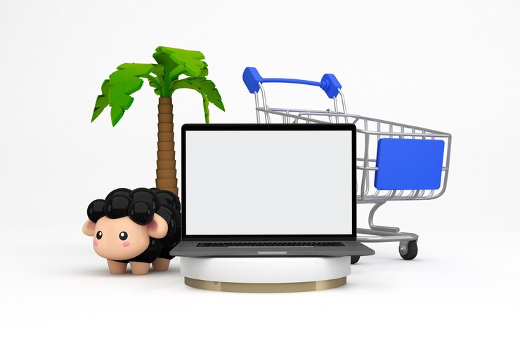 Foto gratuito adha shopping trolley y laptop frontal en fondo blanco