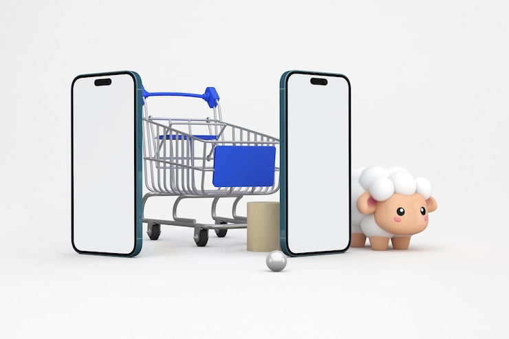 Foto gratuito adha shopping trolley y teléfonos perspectiva lateral en fondo blanco.