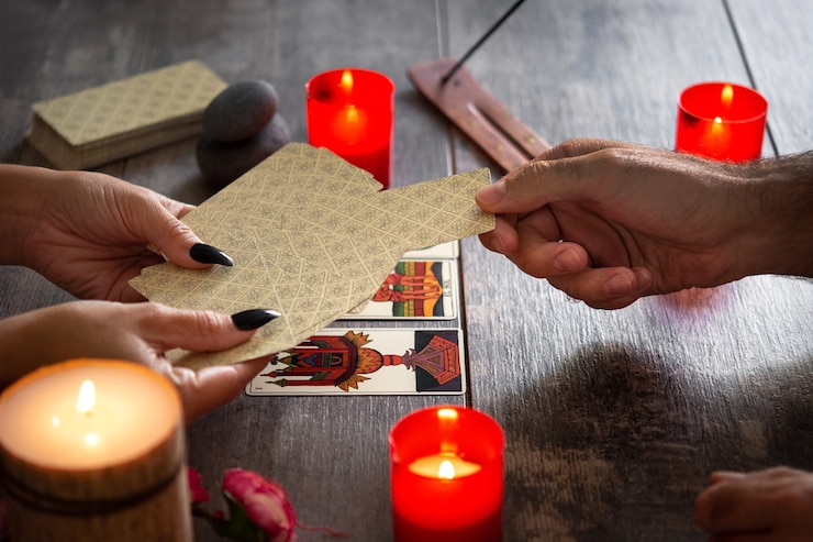 Foto gratuito adivino leyendo un futuro por cartas del tarot en mesa rústica
