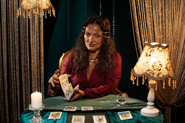 Foto gratuita adivino con vista frontal de las cartas del tarot
