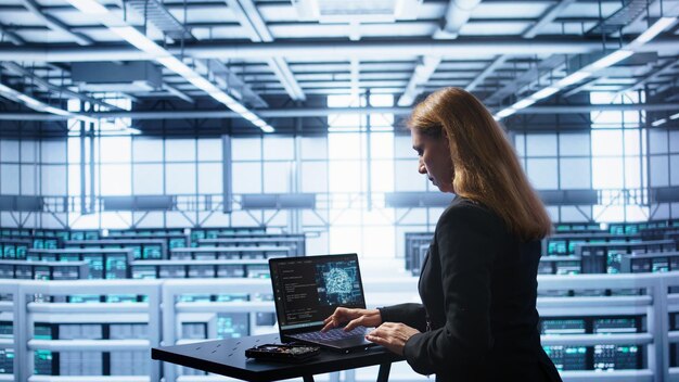 El administrador en el centro de datos trabaja con un modelo computarizado de inteligencia artificial