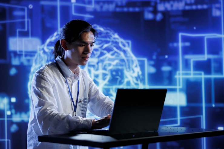 Foto gratuito administrador haciendo una simulación de ia