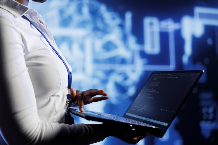 Foto gratuito el administrador utiliza una computadora portátil para desarrollar nodos de redes neuronales de inteligencia artificial tecnológicamente avanzadas modelados a partir del cerebro humano. trabajador configura el aprendizaje automático con ia para el reconocimiento de patrones
