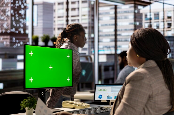 Foto gratuito administradora centrada en la planificación financiera junto a la pantalla de teclas chroma