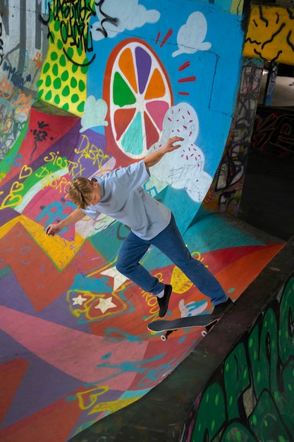 Adolescente genial de tiro completo con patineta afuera