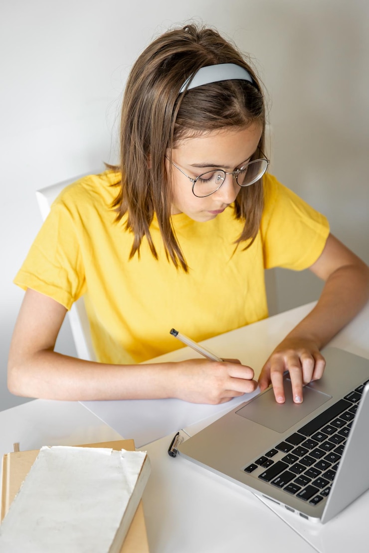 Foto gratuito una adolescente hace su tarea mientras está sentada con libros y una computadora portátil