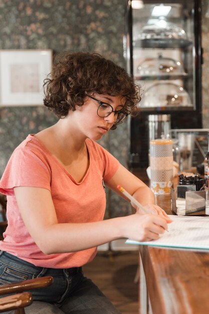 Adolescente haciendo la tarea en el café