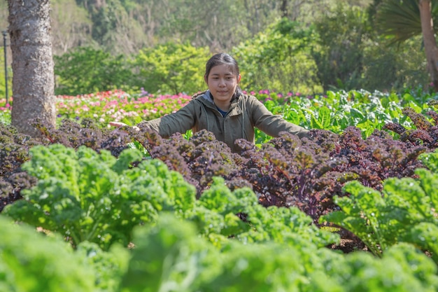 Adolescente en el jardín hidropónico durante el fondo de comida de tiempo de mañana