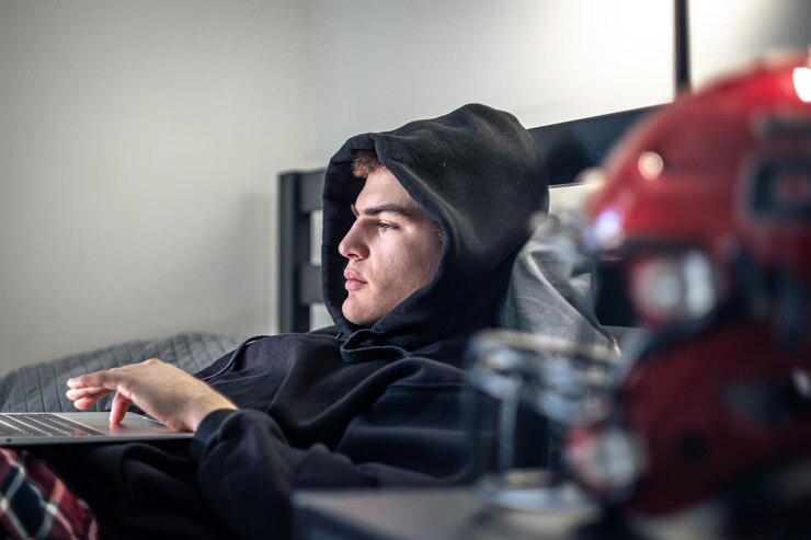 Foto gratuito un adolescente se sienta en una habitación en una cama y usa una computadora portátil