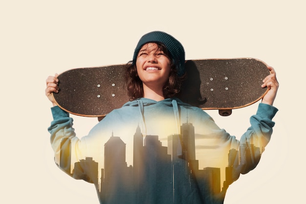 Foto gratuita adolescente de tiro medio con patineta