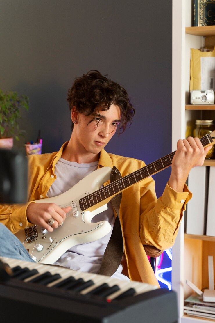 Foto gratuito adolescente tocando la guitarra en casa vista frontal