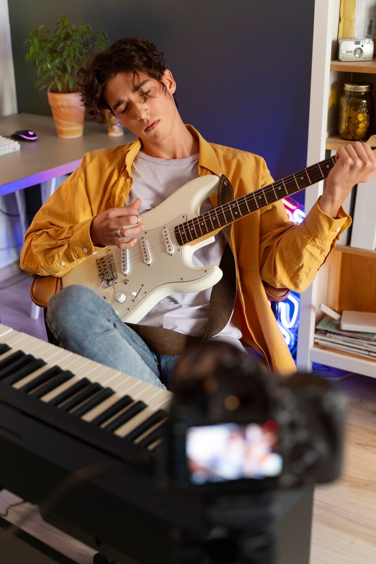 Foto gratuito adolescente de vista frontal tocando la guitarra