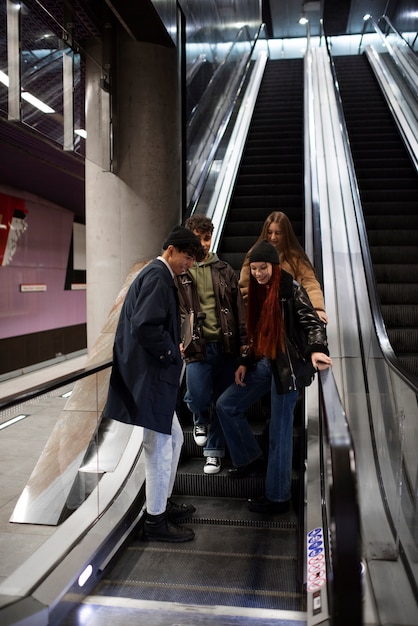 Adolescentes felices de tiro completo en las escaleras