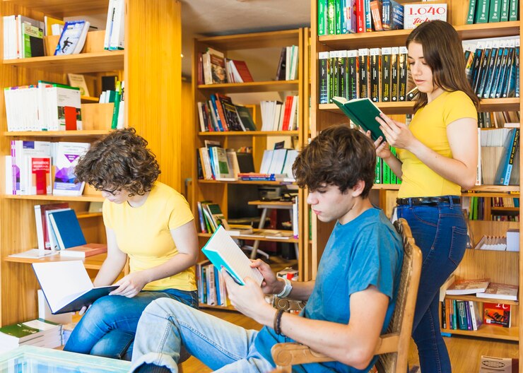 Foto gratuito adolescentes leyendo en la biblioteca