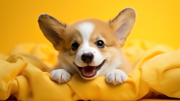 Adorable corgi en una manta con un fondo amarillo brillante