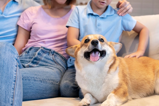 Adorable familia jugando con lindo perro