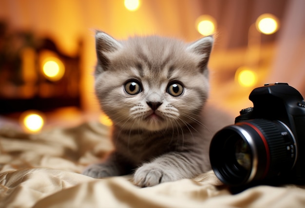 Foto gratuita adorable gatito con cámara