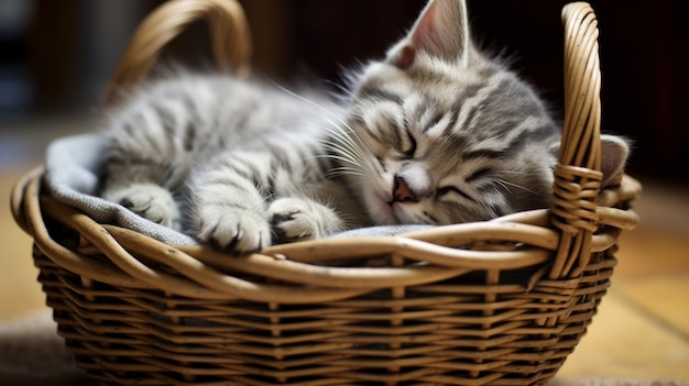 Foto gratuita adorable gatito en cesta durmiendo