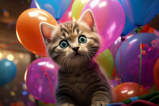 Adorable gatito con globos