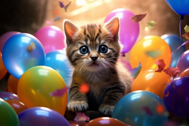Adorable gatito con globos
