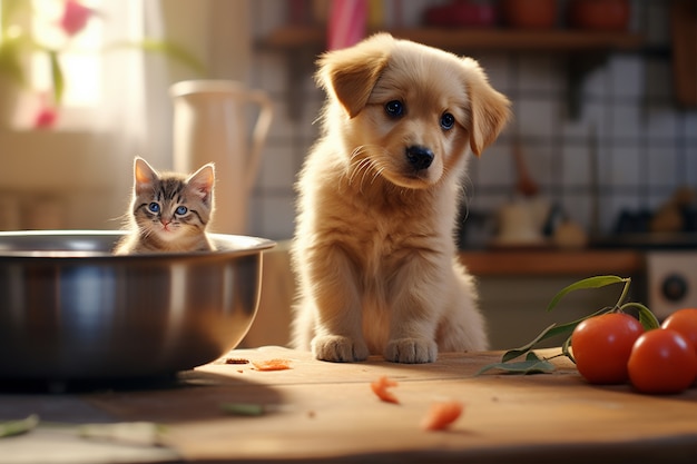 Adorable gatito con perro