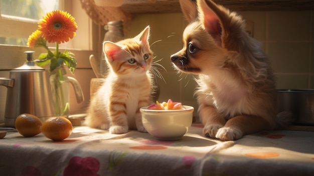 Foto gratuita adorable gatito con perro