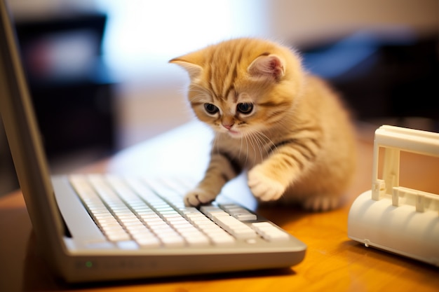 Foto gratuita adorable gatito con teclado