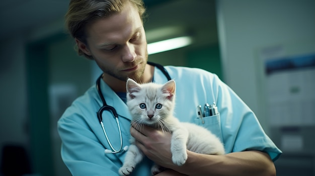 Adorable gatito con veterinario