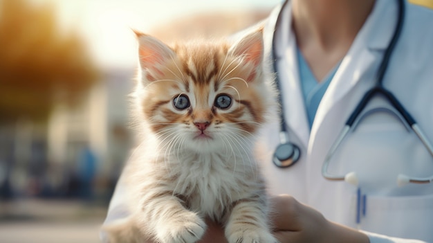 Adorable gatito con veterinario