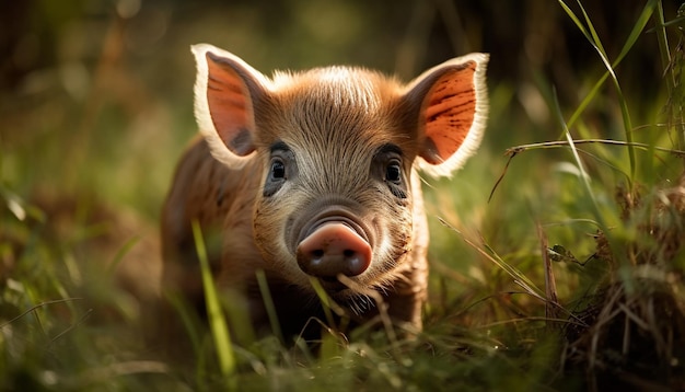 Adorable lechón pasta en vibrantes pastos verdes generados por IA