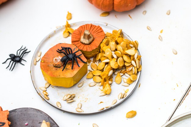 Adornos de calabaza y araña para halloween.