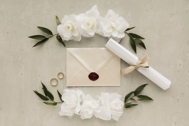 Adornos florales con anillos de compromiso y tarjeta de invitación.