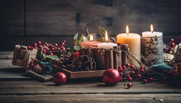 Adornos navideños resplandecientes iluminan composición de mesa rústica generada por IA