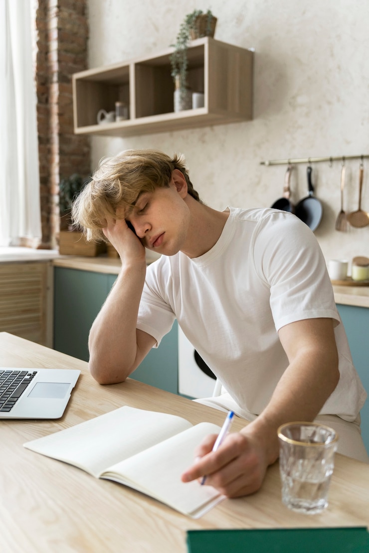 Foto gratuito adulto joven durmiendo mientras hace la tarea