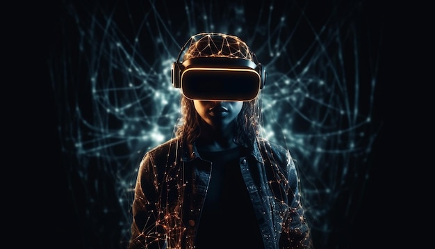 Foto gratuita adulto joven jugando un juego futurista de realidad virtual generado por ia