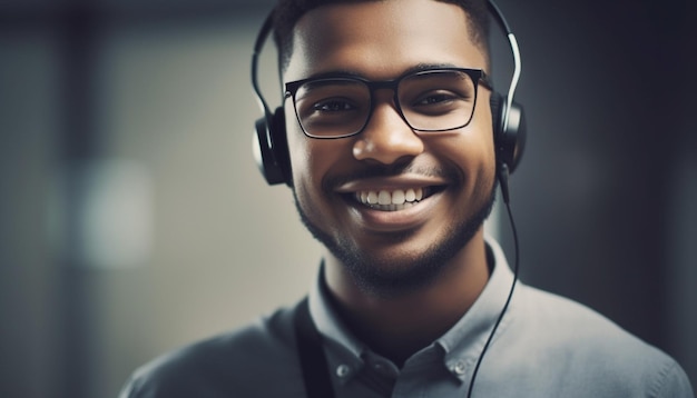 Adulto joven sonriente disfrutando de la música con auriculares AI generativa