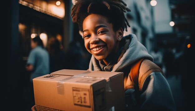 Adulto joven sonriente sosteniendo una caja de regalo al aire libre generada por IA