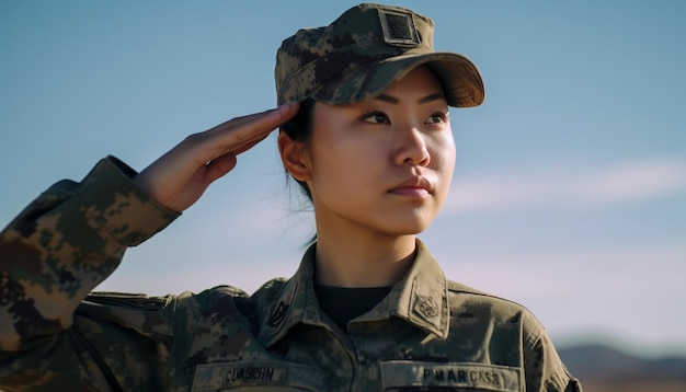 Foto gratuita adulto joven con uniforme militar saludando al aire libre generado por ia