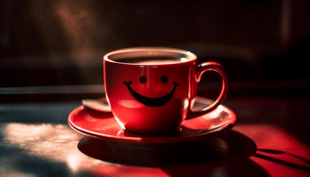 Adulto sonriente disfruta de un capuchino caliente en una mesa de madera generada por IA