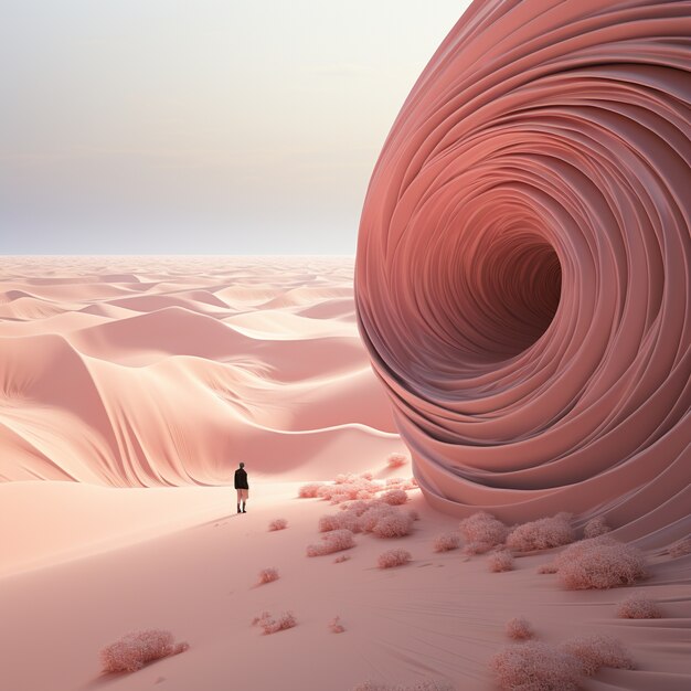 Adulto de tiro largo en la naturaleza con formas geométricas en 3d.