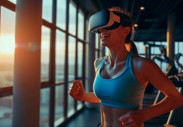 Foto gratuita adultos haciendo fitness a través de la realidad virtual