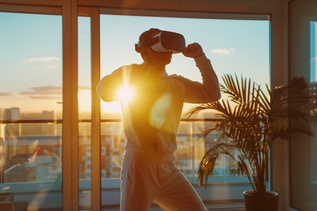 Adultos haciendo fitness a través de la realidad virtual