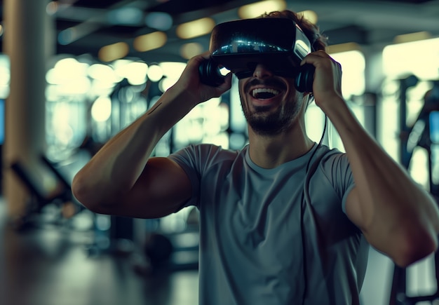 Foto gratuita adultos haciendo fitness a través de la realidad virtual