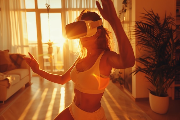 Foto gratuita adultos haciendo fitness a través de la realidad virtual