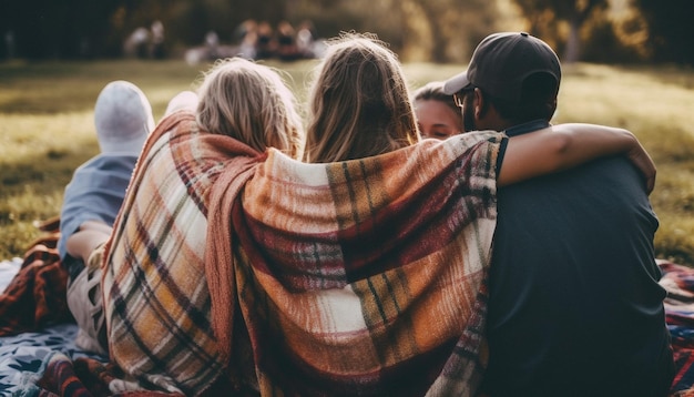 Foto gratuita los adultos jóvenes abrazan la naturaleza sonrientes y despreocupados generados por ia