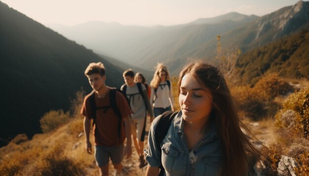 Adultos jóvenes caminando por la montaña sonriendo con mochilas generadas por IA