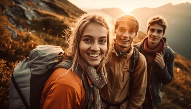 Adultos jóvenes caminando en la naturaleza sonriendo alegremente juntos generados por IA